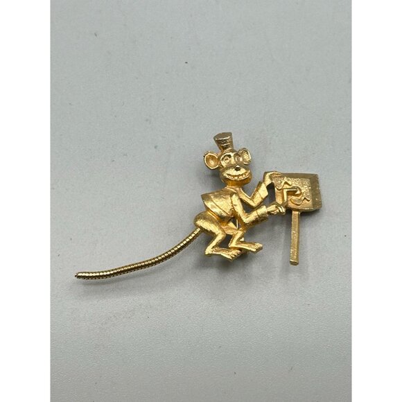 Vintage Monkey with Music Box Pin Brooch Gold Tone Fun Figural Jewelry - Picture 2 of 7